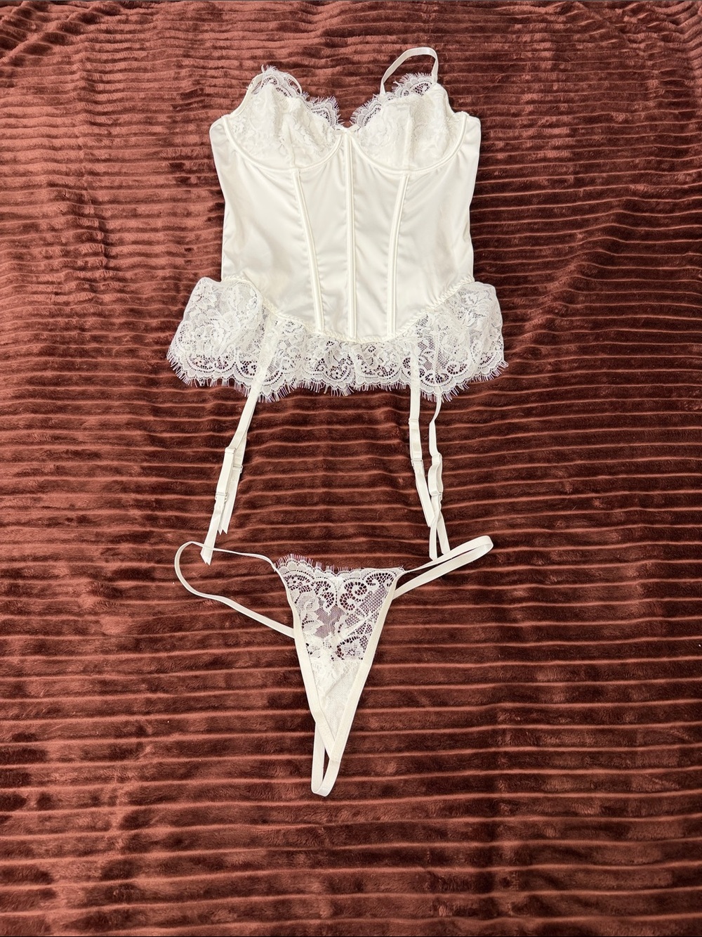 Roma White Lace Bustier Corset with Garter Straps and Matching Thong